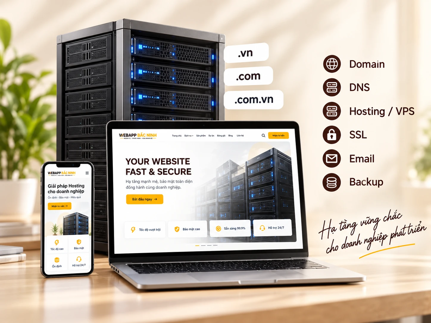 Hệ thống máy chủ hosting, website trên laptop và điện thoại